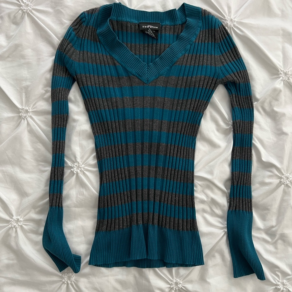 It's Our Time Teal and Gray Striped Sweater Shirt
